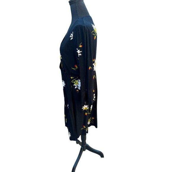 Free People Black Floral V-Neck Dress Bell Sleeves Boho Cottage Core Feminine - Picture 6 of 13